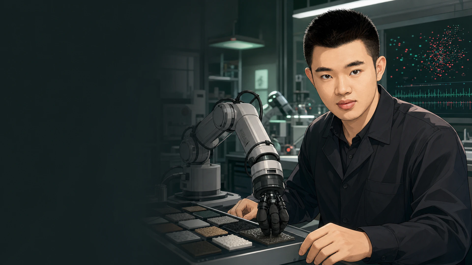 Ao Li in an illustrated robotics laboratory