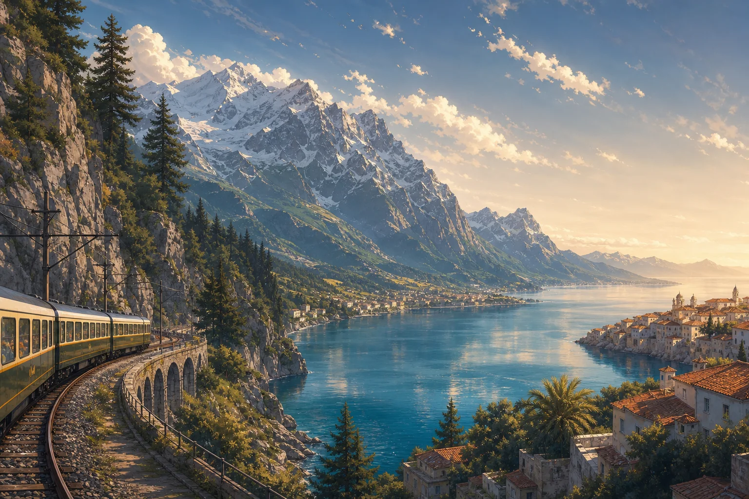 Illustrated alpine railway curving beside mountains, a lake and a southern coast