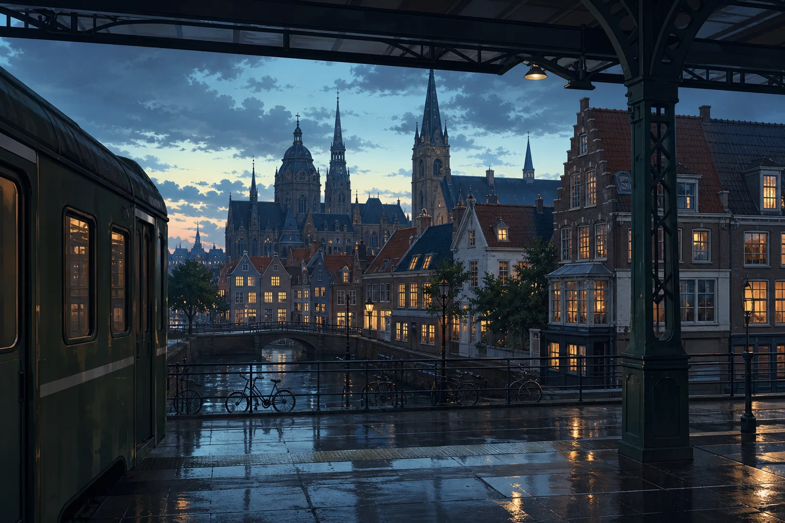 Illustrated European railway platform overlooking a canal and old town after rain
