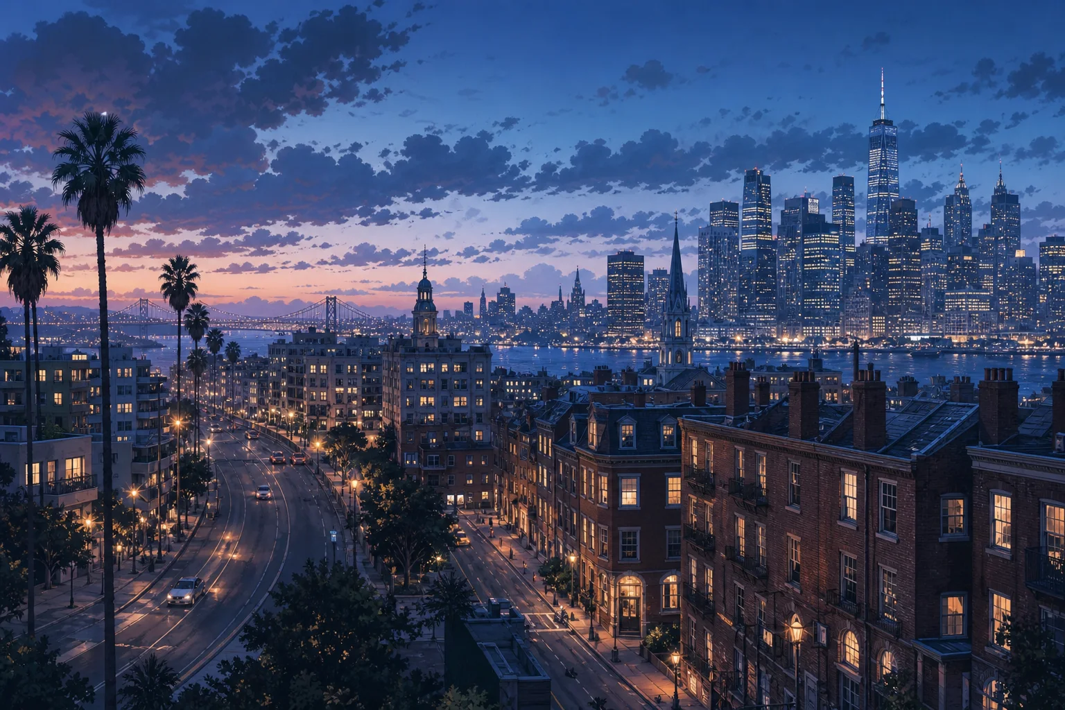 Illustrated blue-hour cityscape combining west-coast palms, brick streets and a distant skyline